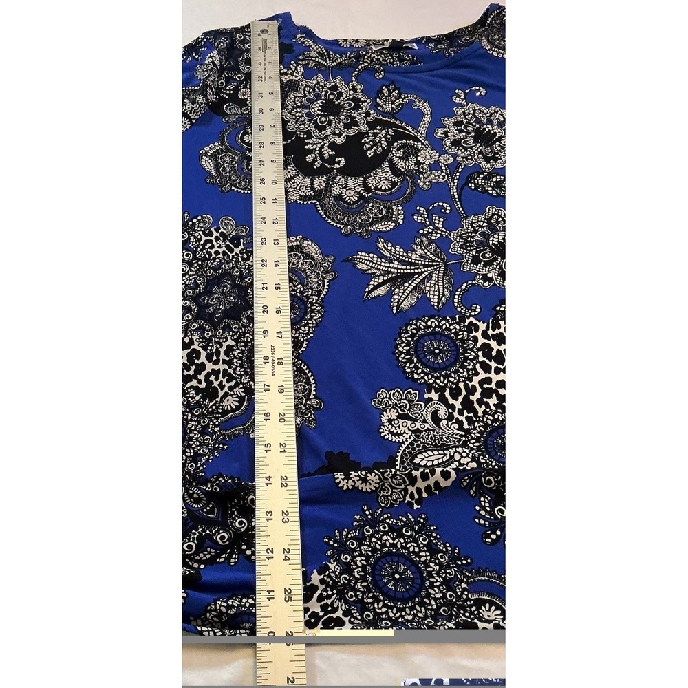 JM Collections - Size XL Petite Blouse Top Blue Black Floral Long Sleeve Stretch - Picture 5 of 8